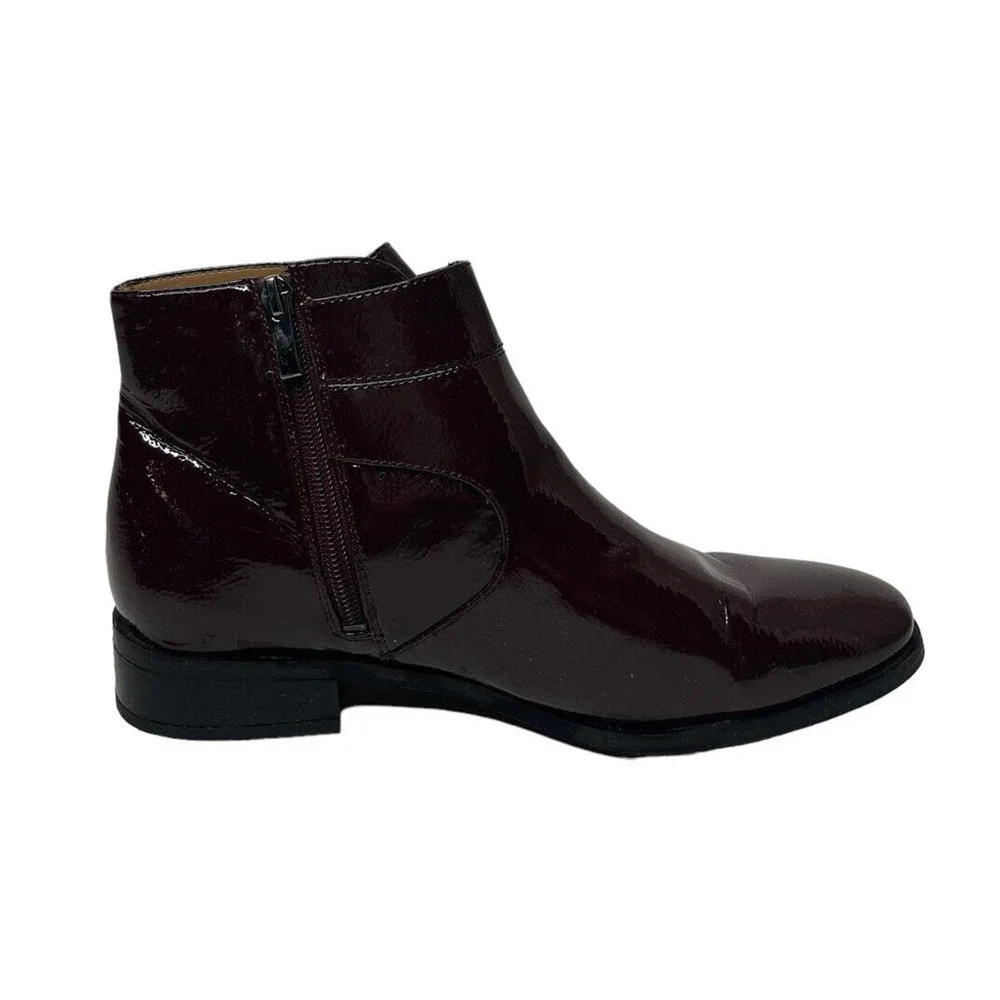 Franco Sarto Riddick Booties Burgundy Plum Patent Leather Side Zip Buckles 8.5 - Picture 4 of 11